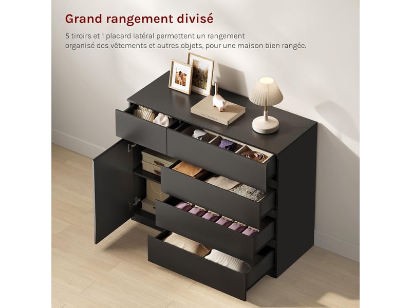 Commode chambre, avec 5 tiroirs et 1 placard , en bois d'ingénierie, 100x40x80 cm, noir  - Conforama D