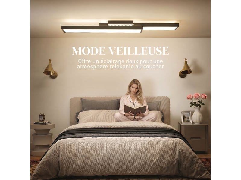  Plafonnier led rectangle 43w, luminaire plafonnier 3000-6000k, 4600lm, télécommande, 70 x 30 cm, noir  - Conforama E