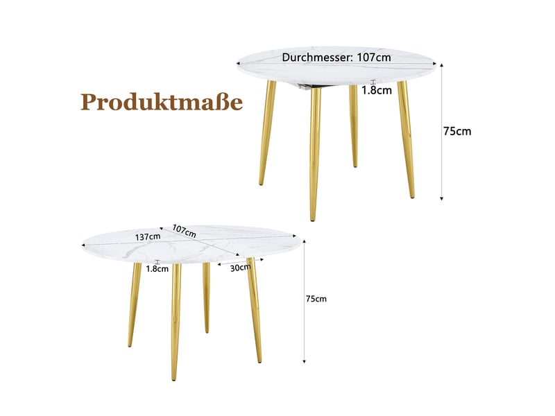 Table de salle à manger extensible ronde à ovale avec plateau en mdf et pieds métalliques dorés pour repas, blanche - Conforama C