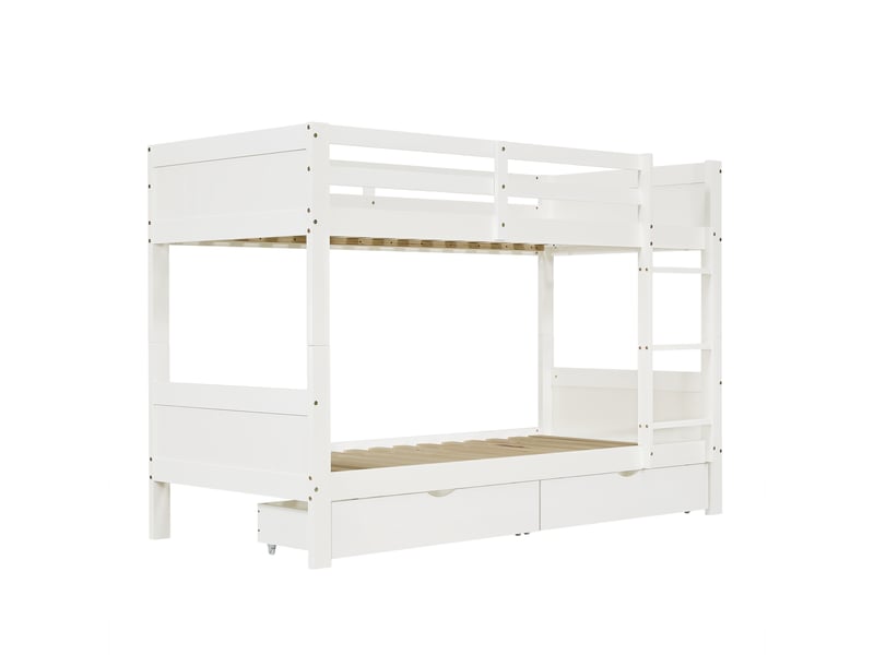  Lit superposé blanc avec sommier à lattes et rangement, dimensions 90 x 200 cm  - Conforama R