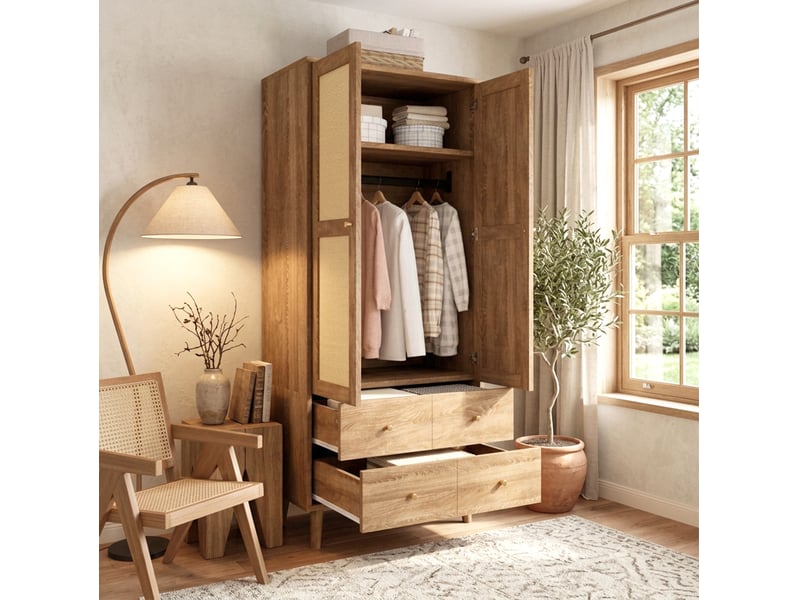  Armoire à vêtements natural walnut effet bois foncé et rotin, 2 portes, 2 tiroirs, 80 x 50 x 180 cm  - Conforama C