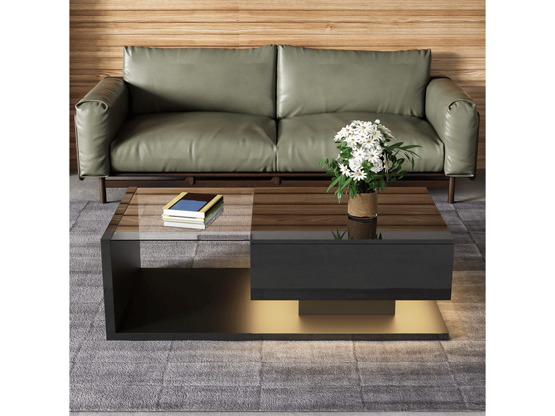  Table basse 105x55x32.5cm laquée noire haute brillance avec verre trempé et led 16 couleurs | niche ouverte | charge 30kg - noir  - Conforama D