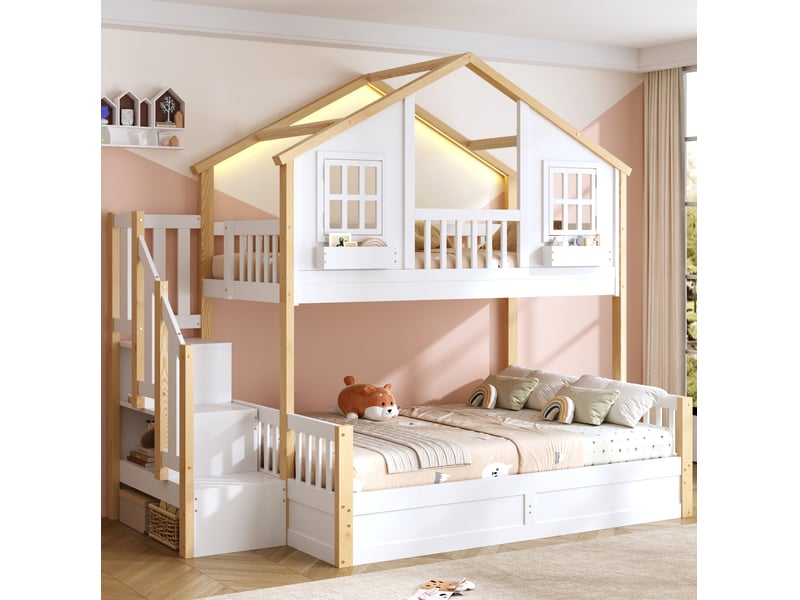 Lit superposé 90x200+140x200 cm, inférieur hydraulique, led, forme fenêtre, escalier rangement, mdf, blanc, sans matelas - Conforama B