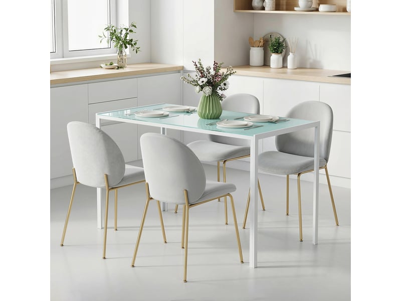  Table à manger pour 4 personnes, table de cuisine avec plateau en verre trempé et pieds en métal, 120x60x75cm, blanc  - Conforama D