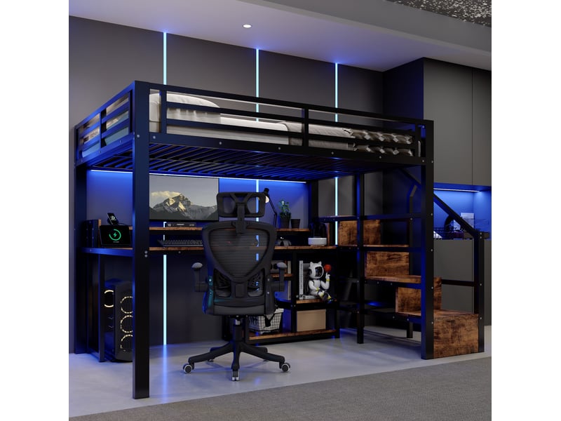  Lit mezzanine 140x200 cm, escalier rangement, bureau, usb-c, led, métal et mdf, noir et blanc, sans matelas  - Conforama B
