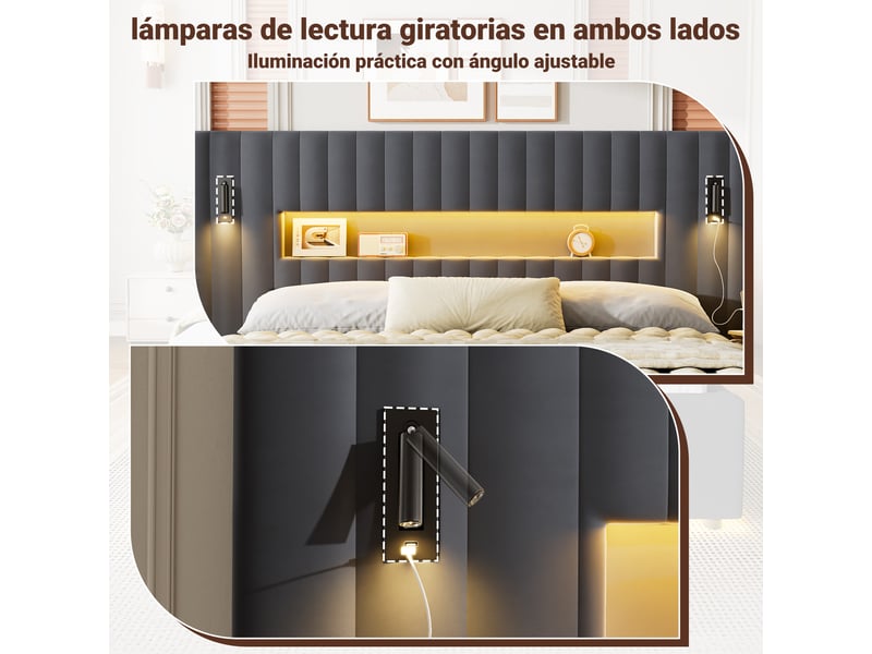  Lit coffre ulevr 180 x 200 cm avec rangement hydraulique, liseuses led réglables et 2 ports usb, velours gris foncégris  - Conforama E