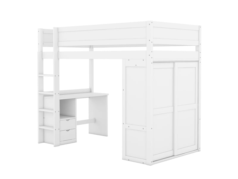  Lit mezzanine enfant 90 x 200cm avec armoire, bureau, étagères et 2 tiroirs blanc lit enfant blanc - Conforama E