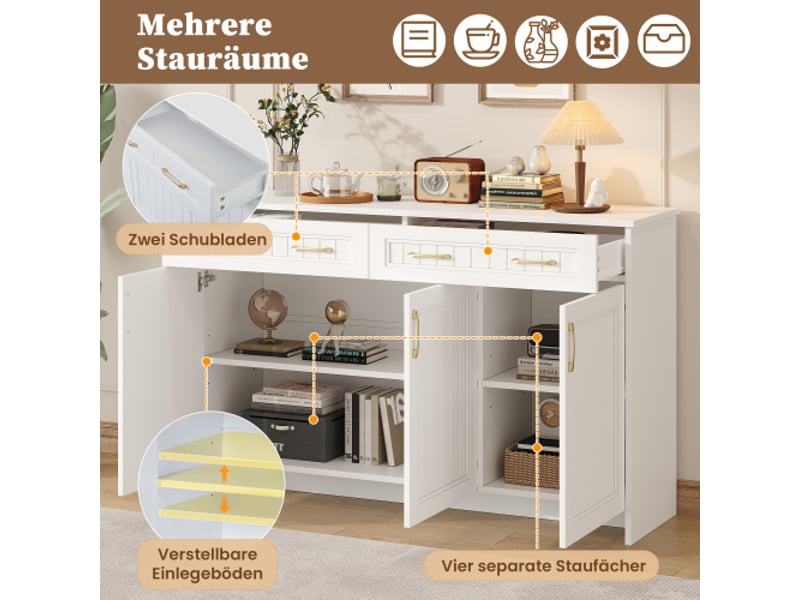  Buffet 140x40x90 cm blanc, 2 tiroirs, 3 portes, étagères réglables, mdf, charge 30 kg  - Conforama E