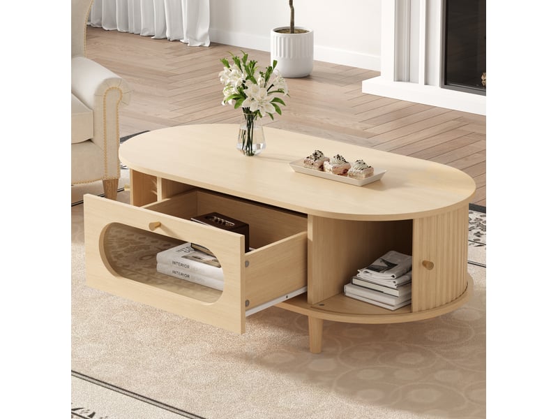  Table basse de salon 100x50x36 cm, 1 tiroir, table d'appoint porte coulissante, en mdf, bois clair  - Conforama D
