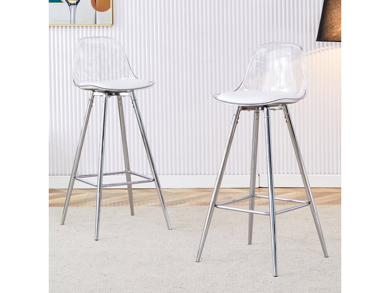 Lot de 2 - tabouret de bar - 60 x 60 x 96,5 cm-blanc et argent - en plastique avec dossier ergonomique, repose-pieds et pieds en métal chromé argenté - Conforama C
