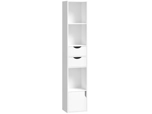 Bibliothèque étagère de rangement avec porte, 2 tiroirs, compartiments ouverts et étagère réglable, blanc, 30x24x158cm