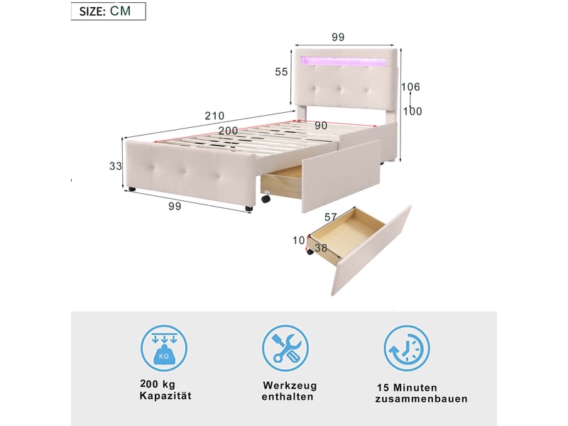 Lit enfant 90x200 cm avec led, 2 tiroirs, tête de lit réglable et sommier, lin, beige, sans matelas - Conforama C