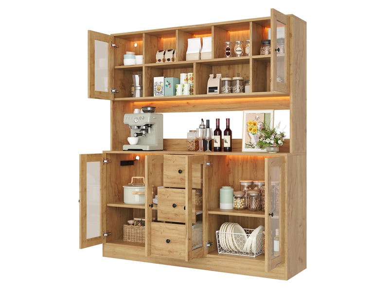 Buffet de cuisine 150x40x173cm avec plan de travail, 3 tiroirs, portes vitrées acryliques, led rgb, prises électriques et usb, mdf - bois naturel - Conforama A