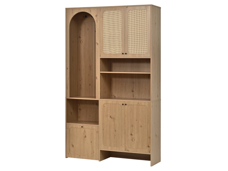  Ensemble d’entrée 120x35x200 cm naturel effet rotin, 4 portes, abattant chaussures, patères et niches, panneaux de particules  - Conforama A