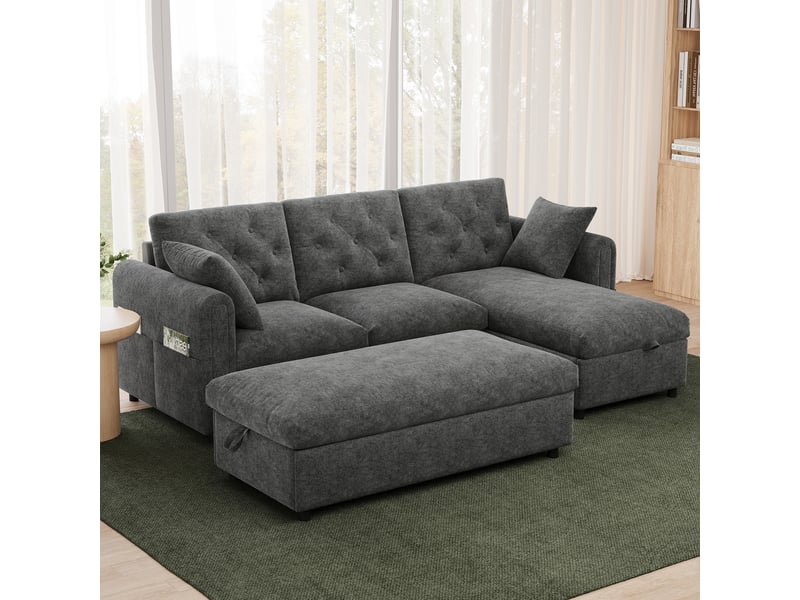  Canapé moderne en velours de 219 × 131 × 86 cm avec méridienne et pouf, tous dotés d'un espace de rangement – ​​gris.  - Conforama W