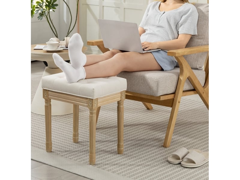  Hocker en lin, banc rembourré, repose-pieds en bois, 42 x 32 x 46,5 cm, beige  - Conforama B