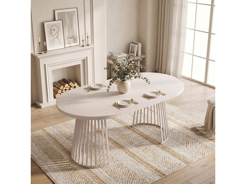 Table à manger extensible 100138176x100 cm pour 4-8 personnes, table de salle à manger à double rallonge, plateau épais 3 cm, pieds métal, cachemire Seren Glow - Conforama E