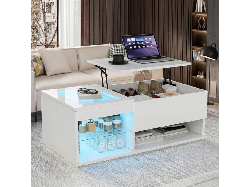  Table basse relevable led - 100 x 55 x 35 cm-blanc - table de salon haute brillance avec éclairage rgb, compartiment et étagère  - Conforama D