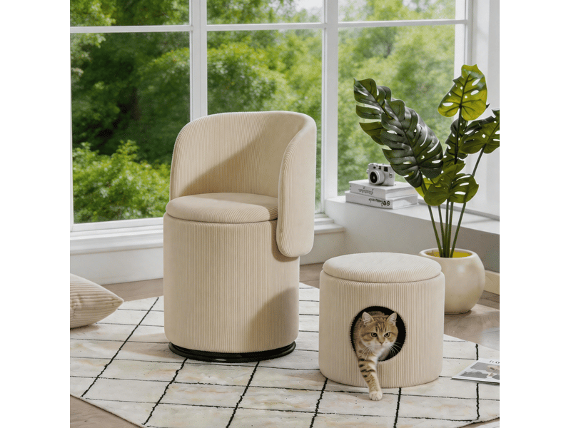  Pouf pivotant 360° en velours côtelé beige avec rangement intégré et couchage pour félin inclus  - Conforama D