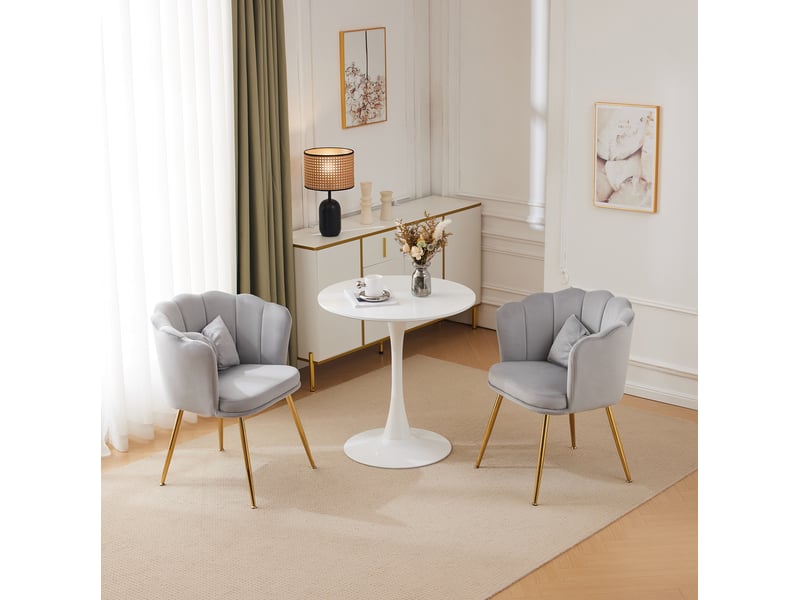  Lot de 2 fauteuils 58x63x77 cm, dossier à pétales, pieds en métal doré, coussins décoratifs, confortable, velours gris  - Conforama B