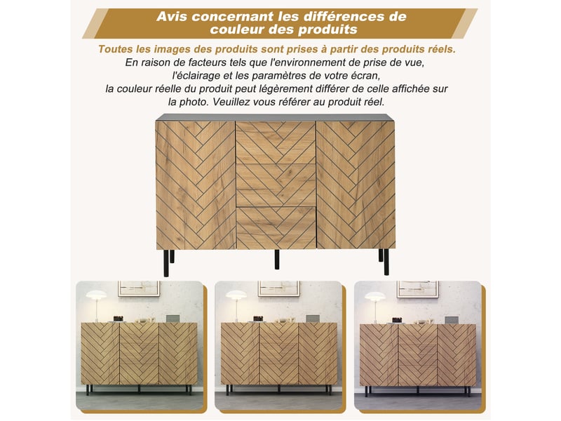  Buffet salon bois et noir, meuble de rangement 3 tiroirs 2 portes, 120x40x76 cm  - Conforama W
