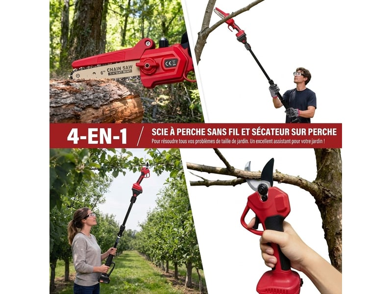  Kit de jardinage 4-en-1 haute performance – scie d'élagage 21v lithium sans balais + sécateur électrique télescopique orientable 180° – pack d'outils sans fil pour taille et élagage d'arbres  - Conforama E