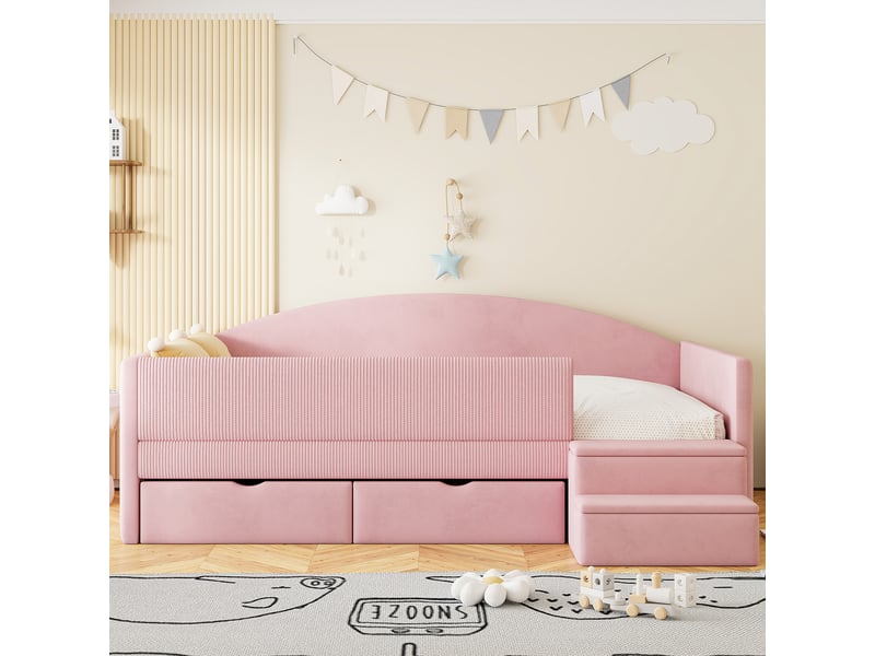 Lit enfant 90x190 cm rose en velours avec 2 tiroirs, marches antidérapantes et barrière rembourrée - Conforama W