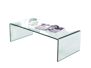 Table basse fixe en verre trempé transparent avec structure incurvée monobloc pour le salon, 100 × 50 × 35 cm