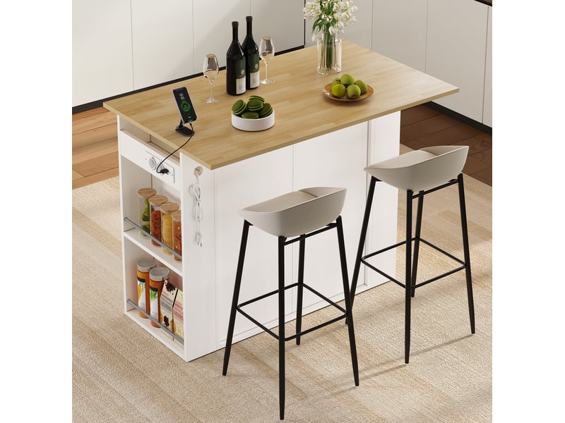 Desserte de cuisine rabattable avec 2 portes, tiroir, étagères et prises pour cuisine, blanc, 120 × 75 × 97 cm - Conforama B