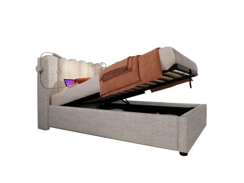  Lit 1 personne avec matelas, lit enfant avec led et tête de lit en lin, lit simple 90x200cm avec sommier à lattes, couleur naturelle  - Conforama E
