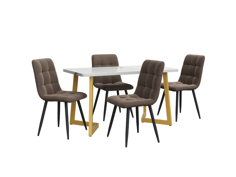 Ensemble table à manger avec 4 chaises, table à manger rectangulaire blanche effet marbre, 117 x 68 cm, pieds dorés  - Conforama B