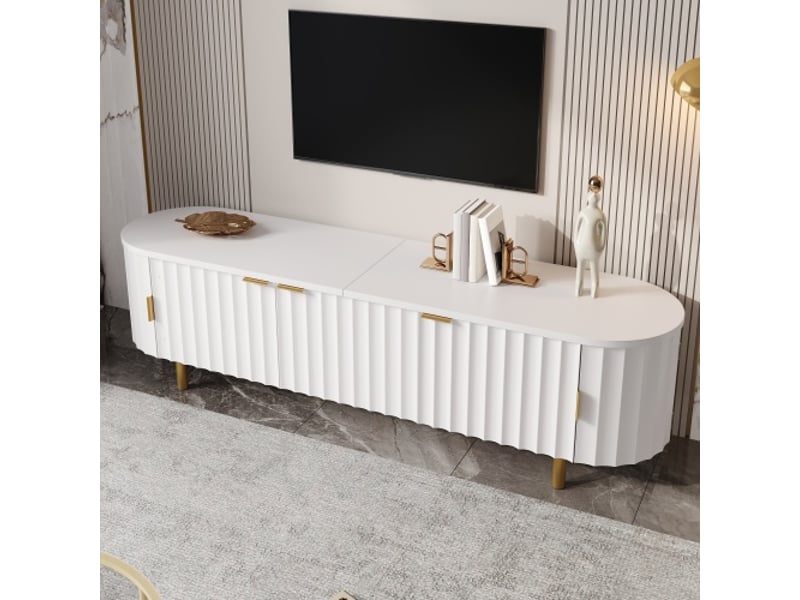 Meuble tv mdf 5 portes – façade à rainures, côtés arrondis, pieds et poignées en fer  - Conforama E