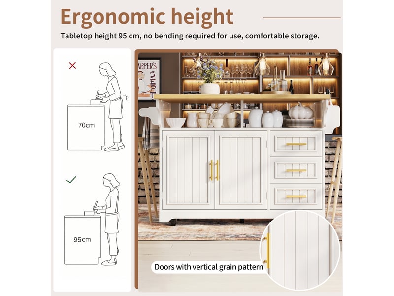  Desserte de cuisine 120x4080x95 cm, plan extensible, portes à motif vertical, 3 tiroirs, roulettes, mdf métal, blanc  - Conforama E