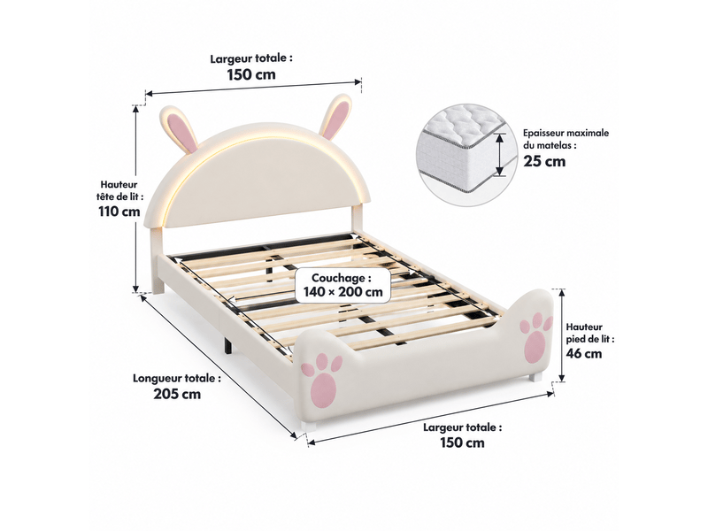 Lit double 140x200 cm avec tête de lit en forme de lapin, lit 2 placeavec led, lit fille avec sommier à lattes, lit rembourré pour filles garçons, velours, blanc + rose - Conforama C