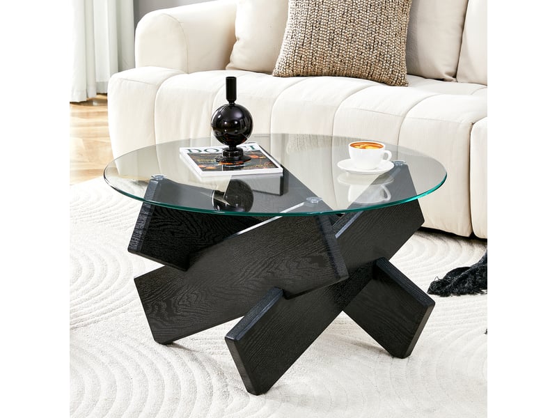  Table basse - panneau de fibres de densité moyenneverre - noirtransparent - pour salon et séjour 79x79x45cm - Conforama A