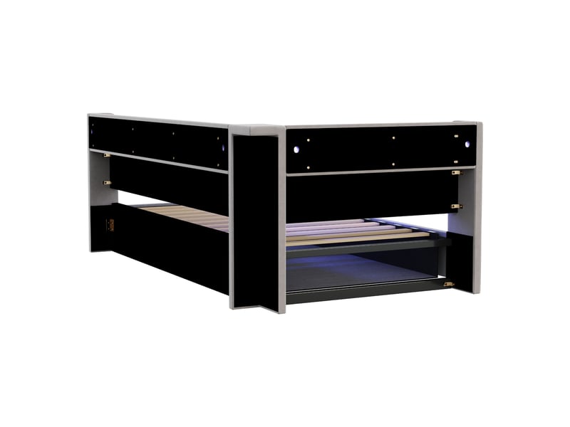  Lit banquette simple 90x200 cm en velours avec coffre hydraulique, étagères, led et usb, sans matelas, gris clair  - Conforama E