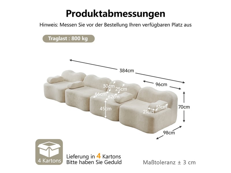  Canapé 4 places - 384x98x70 cm - canapé droit modulable velours, mousse 32d, sans structure rigide et coussins amovibles - beige  - Conforama E
