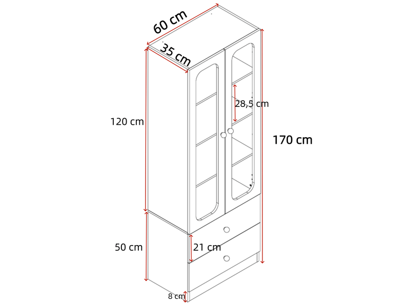 Vitrine avec 4 niveaux, 2 tiroirs et éclairage led rgb piloté par application pour salon, 60 × 35 × 170 cm - Conforama E