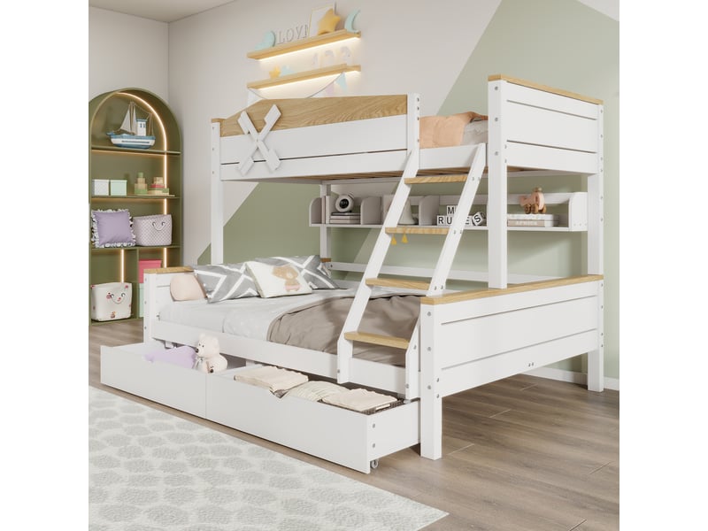  Lit superposé enfant 200×90 cm et 200×140 cm avec étagères et 2 tiroirs, sans matelas, blanc et bois naturel  - Conforama B