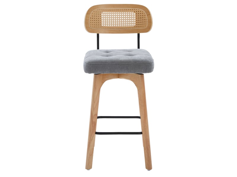  Lot de 2 tabourets de bar 44x51x96 cm gris en chenille, dossier en rotin et assise pivotante 360 degrés  - Conforama A