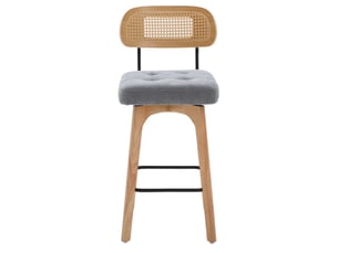 Lot de 2 tabourets de bar 44x51x96 cm gris en chenille, dossier en rotin et assise pivotante 360 degrés