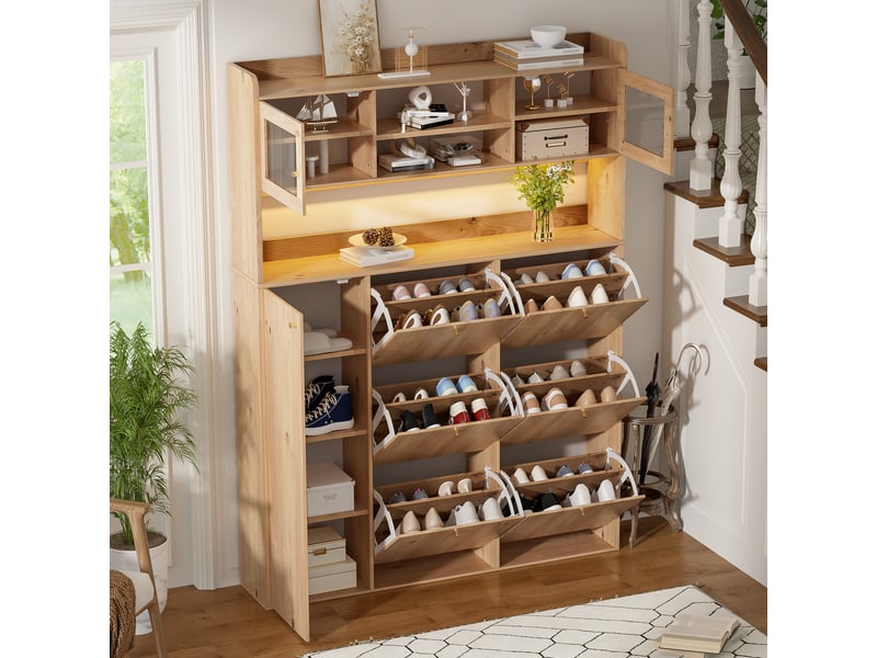 Meuble à chaussures étroit avec porte et led, 130x25x180 cm, panneau de particules couleur naturel - Conforama B