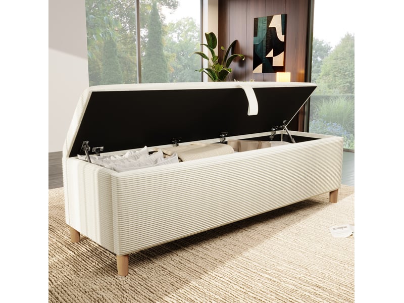 Banc de lit 175x38 cm en velours côtelé beige avec rangement hydraulique - Conforama D