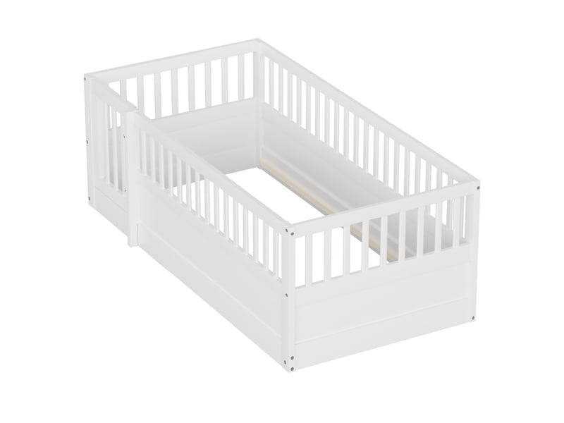  Lit enfant 90x200 cm cadre bois barrières porte blanc  - Conforama A