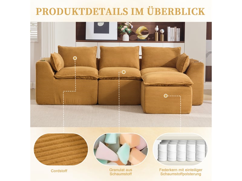 Canapé modulable, canapé 3 places, en velours tricoté, orange, poches latérales, porte-gobelets, pour salon, repose-pieds  - Conforama D