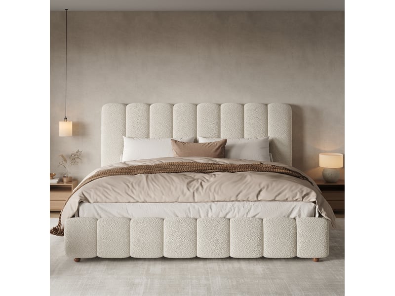 Lit double 180x200 cm en tissu bouclé blanc avec sommier à lattes  - Conforama E