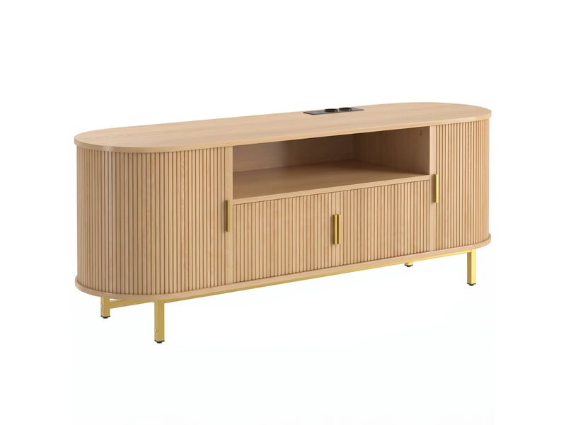  Meuble tv design ovale effet bois clair métal doré 2 portes coulissantes  - Conforama A