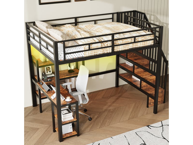 Lit mezzanine en métal 140x200 cm - avec bureau et échelle de rangement - port usb et éclairage led - noir (sanas matelas)  - Conforama D
