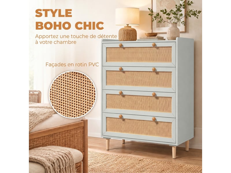  Commode 4 tiroirs en bois et rotin pvc, style bohème, pour chambre à coucher, entrée, couloir, 80x40x109,2cm, vert sauge  - Conforama D