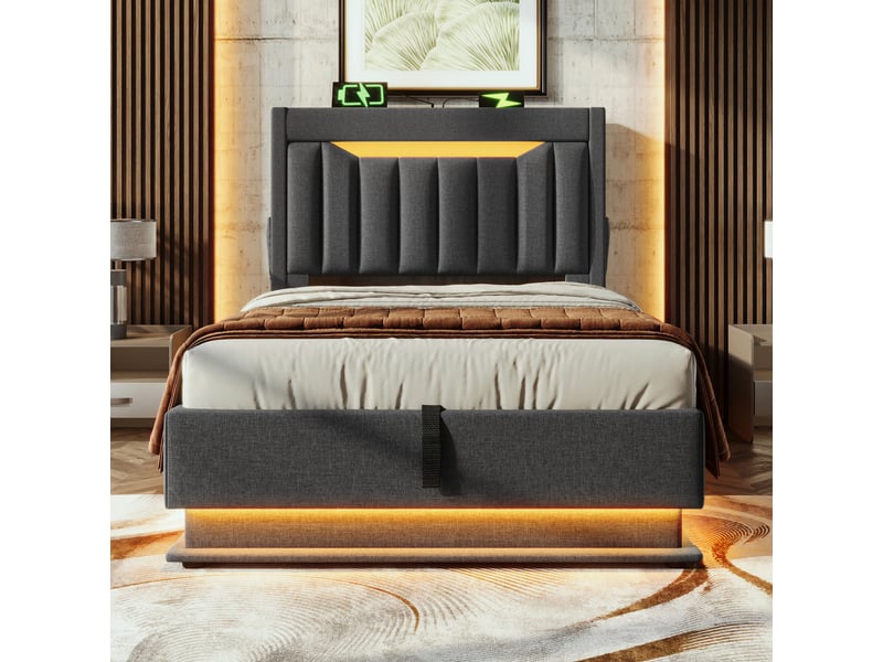  Lit coffre, lit simple 90x200 cm en lin avec 3 ports usb, type-c, led et rangements, matelas inclus, gris  - Conforama B